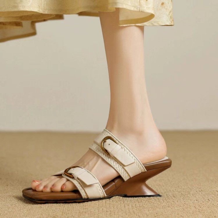 Women Sandals Fashion French Gentle Style New Slippers High Heel Triple Beige Brown Free shipping