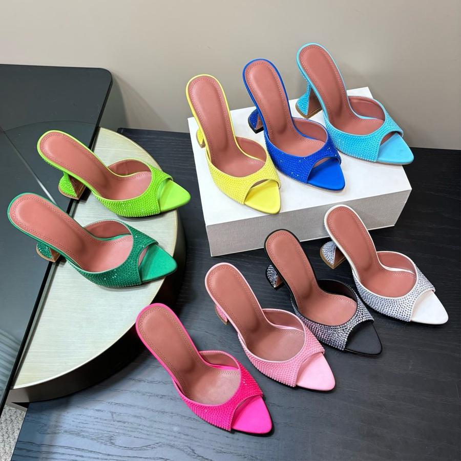 Top quality Rhinestone high-heeled sandal slippers mules Spool Heels open toes Green rose Blue yellow Pink Luxury designer heels Office shoes party shoes