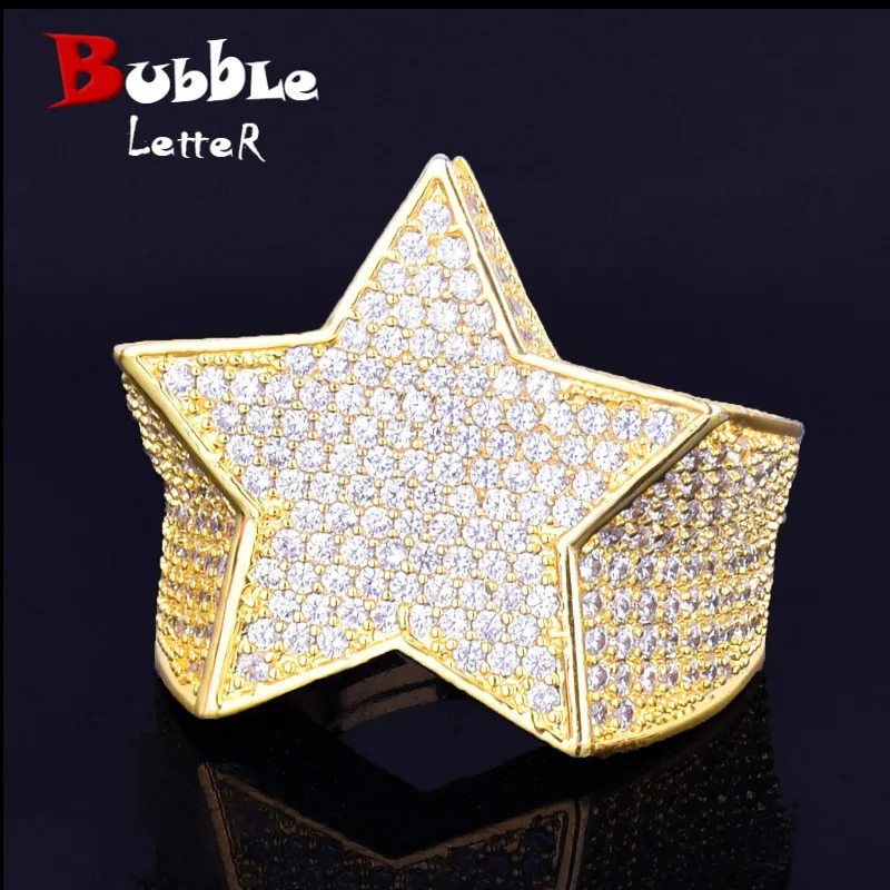 Bubble Letter Men Star Rings Charm Gold Color Full Zircon Fashion Hip Hop Rock Jewelry Bague Homme 250107