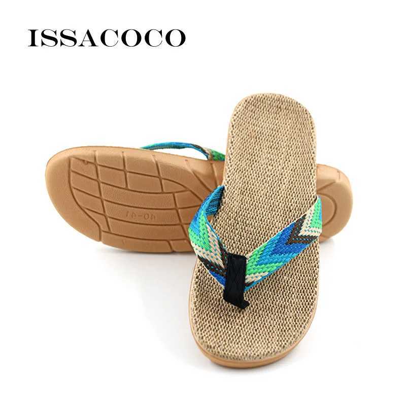 New Arrival ISSACOCO mens linen flip striped ribbon sandals plain EVA anti slip linen slippers mens casual grass shoes T250108