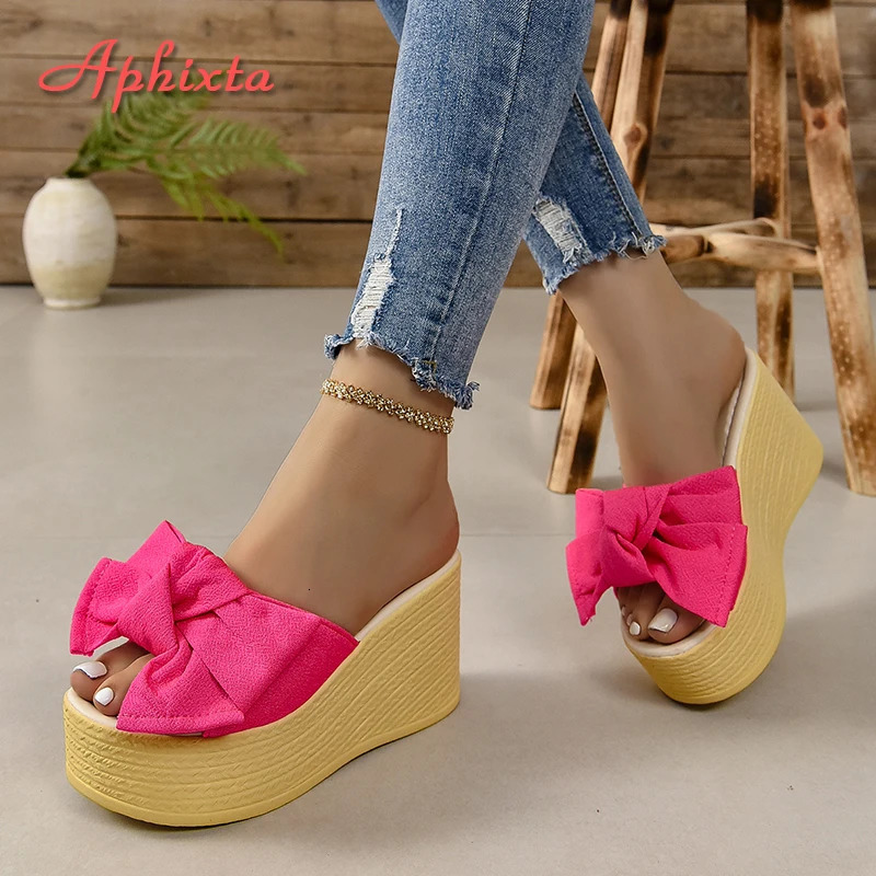 Aphixta Red Summer 9cm Wedge Heels Slippers Women Big Butterfly Mulers 4cm Platform Sandals Clog Shoe Slides Plus Size 43 250107