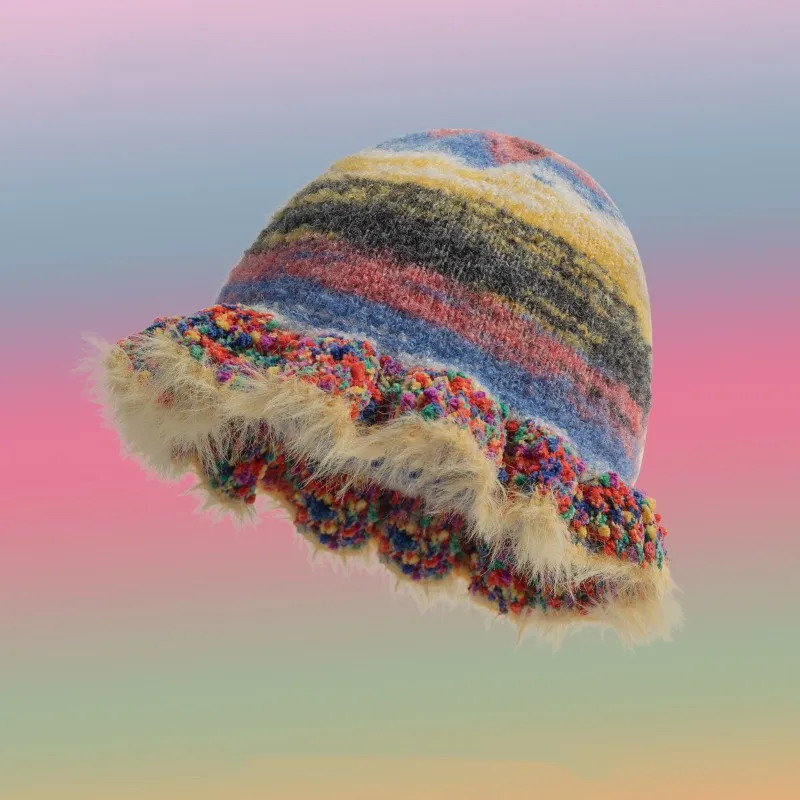 Fashion Colorful Gradient Stripe Woolen Hat Womens Autumn and Winter Cute Handmade Plush Hat Knitted Fisherman Hat 250107