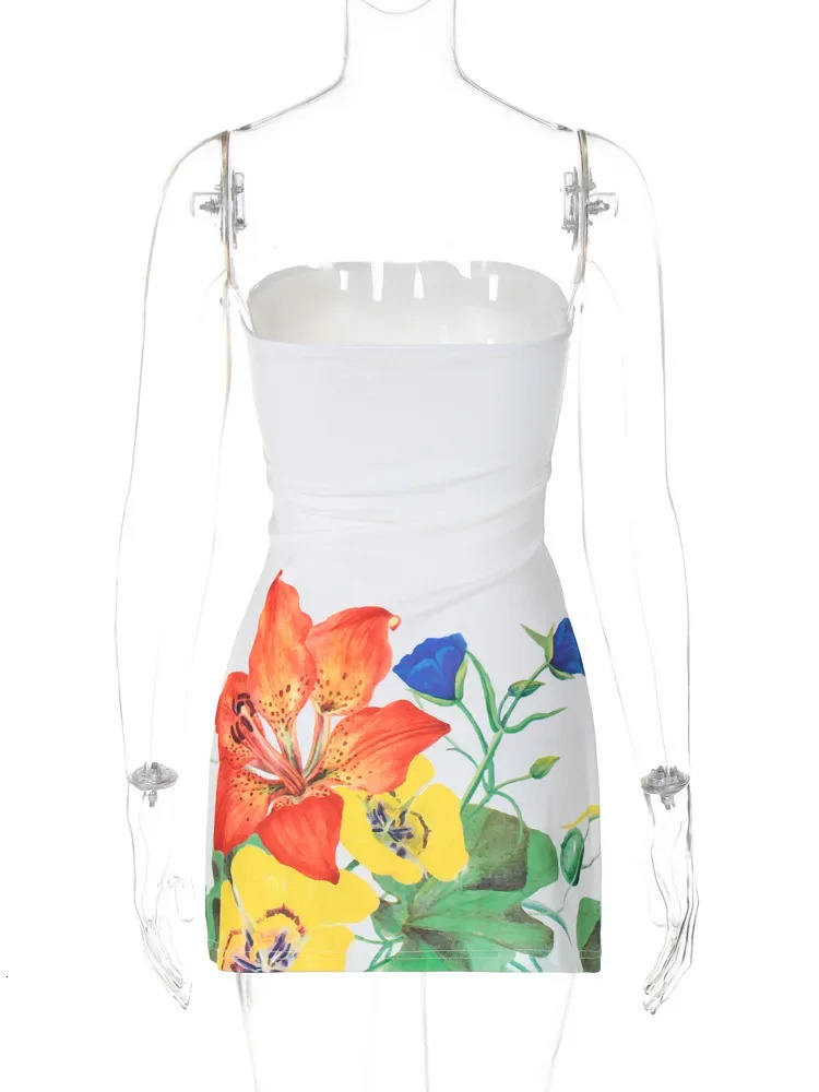 Woman Clothes Floral Print Sleeveless Mini Dress Y2K Streetwear Fashion Casual Strapless Backless Slim Beach Holiday Dresses 250107