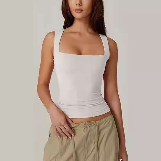 Summer New Women's Square Neck Sleeveless Double Layer Tank Top Basic Tight T-Shirt