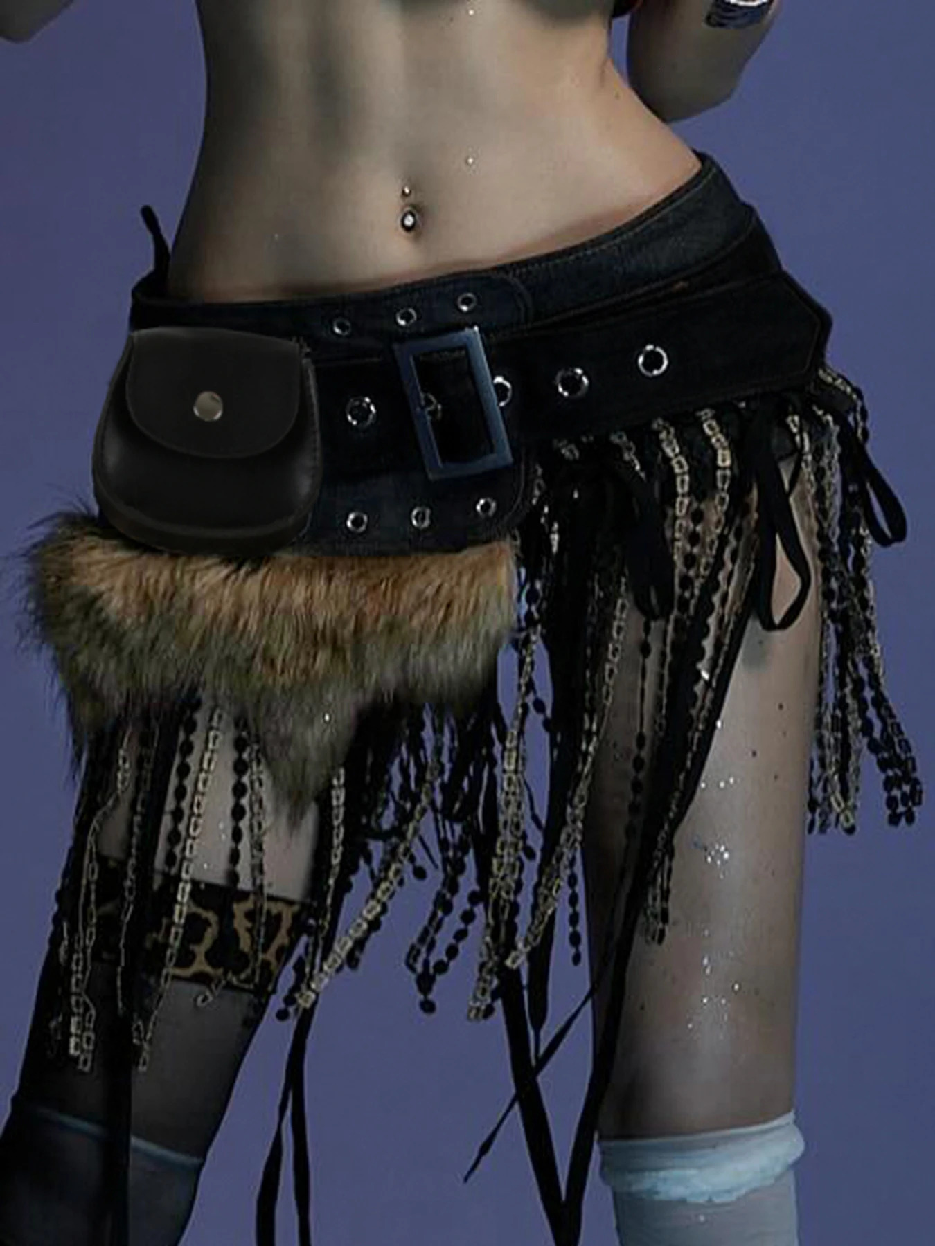 Fashion Trendy Faux Fur Spliced Leather Pu Bags Belt Women Chic Gyaru Y2k Retro Irregular Waist Belt 250107