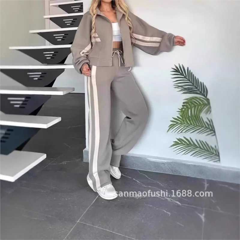 Fashion contrast striped patchwork workwear casual zipper long Sved hoodie lace straight three person walking two-piece set autumn W250108