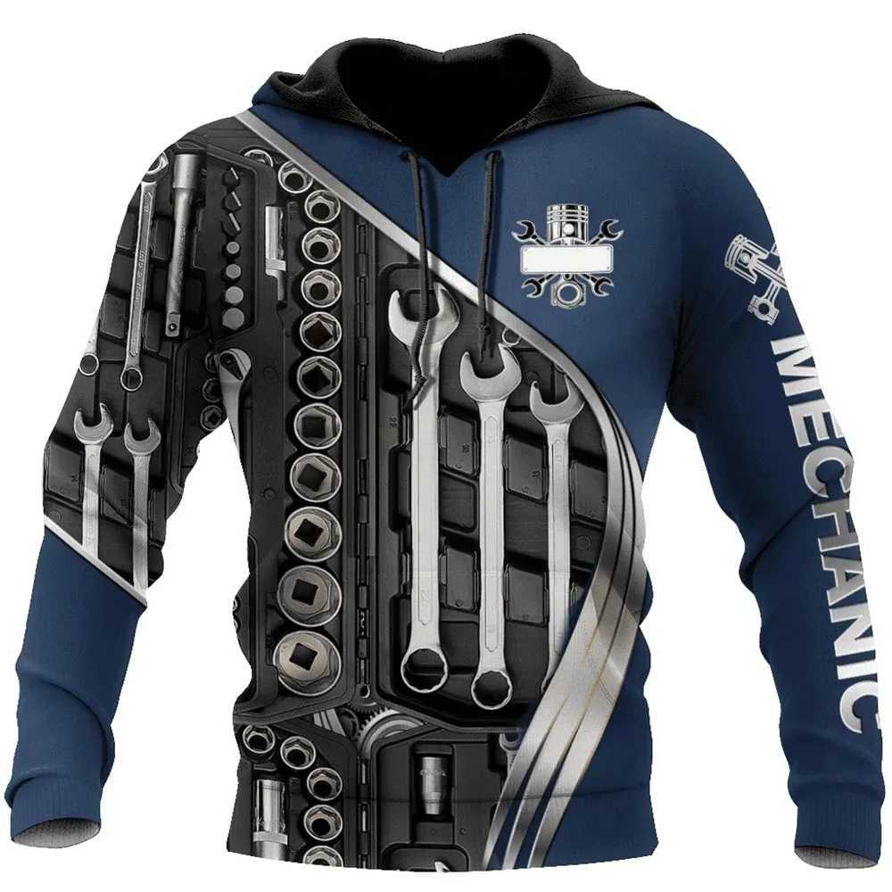 Mens hooded sweatshirt retro T-shirt autumn clothing mechanical 3D printing top fashionable street casual hoodie oversized zipper W250108