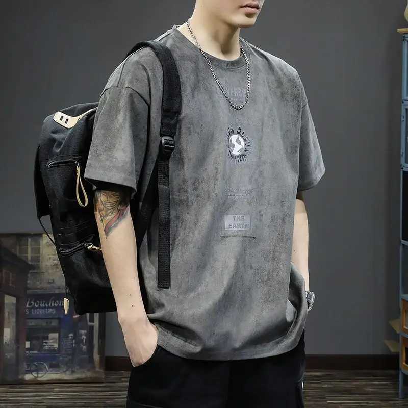 Beautiful round neck mens short sleeved floral solid color retro spring summer chiffon mens loose clothing M250108