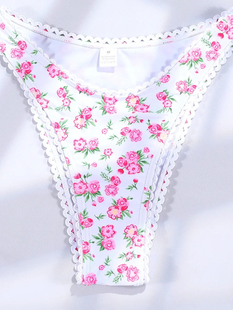 Floral Bikini Pink Swimwear Bow Swimsuit Women Low Waist Bathing Suit Summer Biquini Bandage Beachwear Sexy 250106