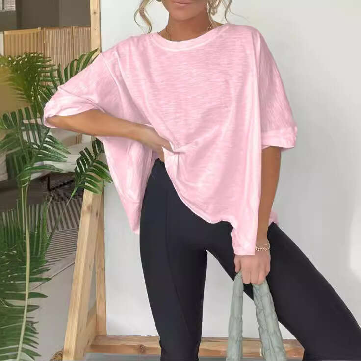 'S Independent Cross-Border Foreign Trade New Summer European And American Women's Clothing Solid Color Loose Round Neck Short Sleeved T-Shi