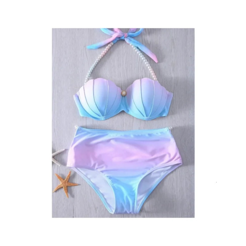 Women Mermaid Bikini Polyester Gradient Swimsuit Tight Backless Swimwear High Bounce Summer Bathing Suit Beachwear 250106
