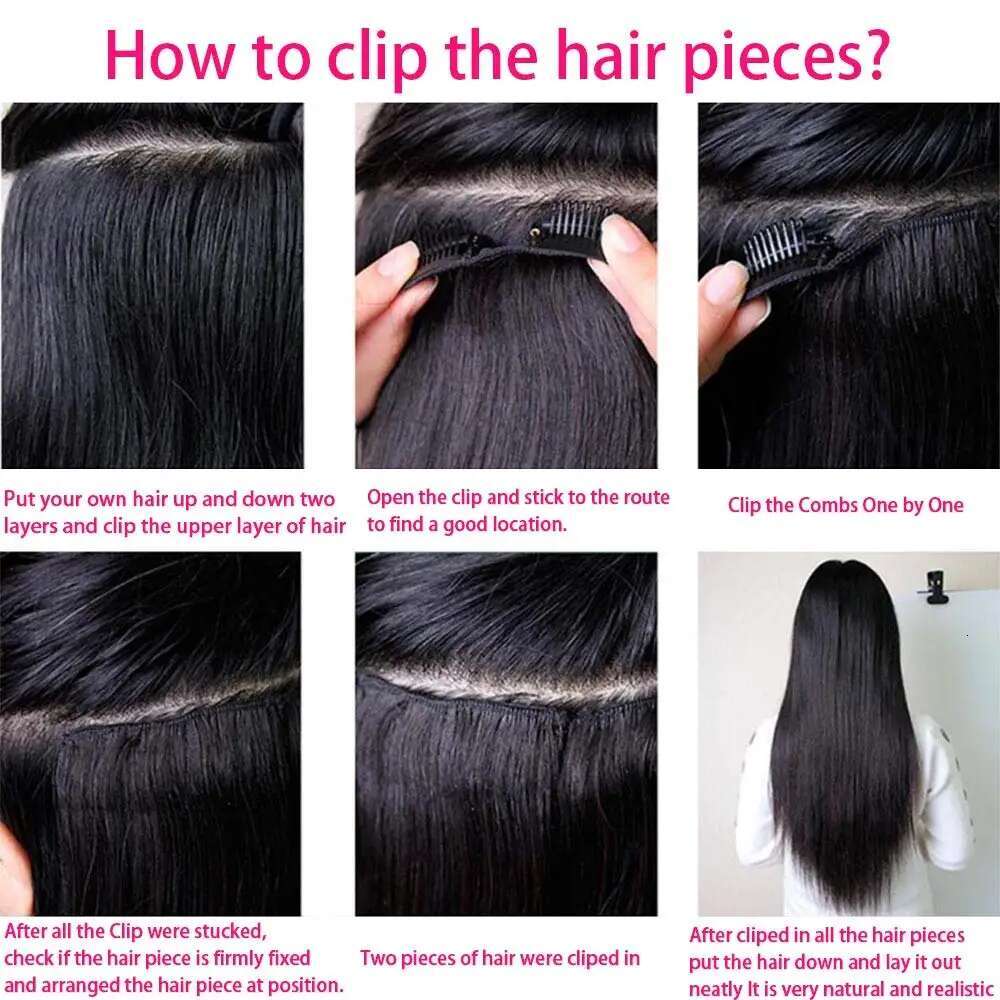 Straight Brazilian Human Hair Clip In Full Head Seamless Natural Black 1B For Women