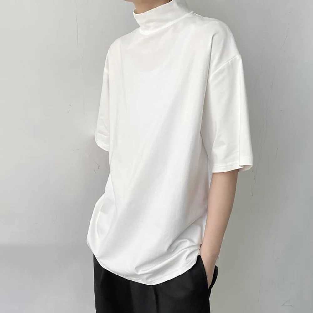 New semi high neck short sleeved T-shirt mens fashion brand loose fit fully matched half sleeved casual top solid color unisex clothing M250108