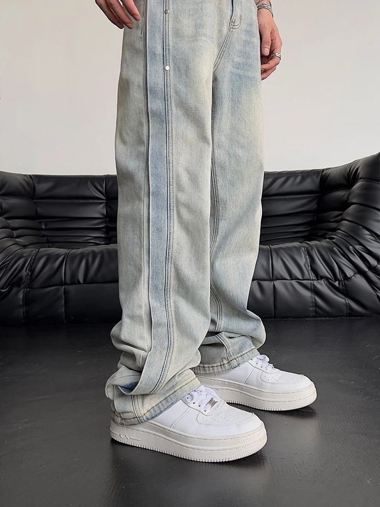 Jeans for Men Loose Light Blue Baggy Straight Man Cow Pants Punk Spliced Y2k Vintage Trousers 2024 Korean Autumn Trend Cotton 250107