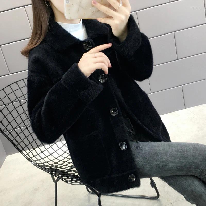 Women's Knits Autumn Winter Thick Faux Mink Cashmere Knitted Sweater Women Short Cardigan Loose Long Sleeve Big Pocket Knit Jacket Coat