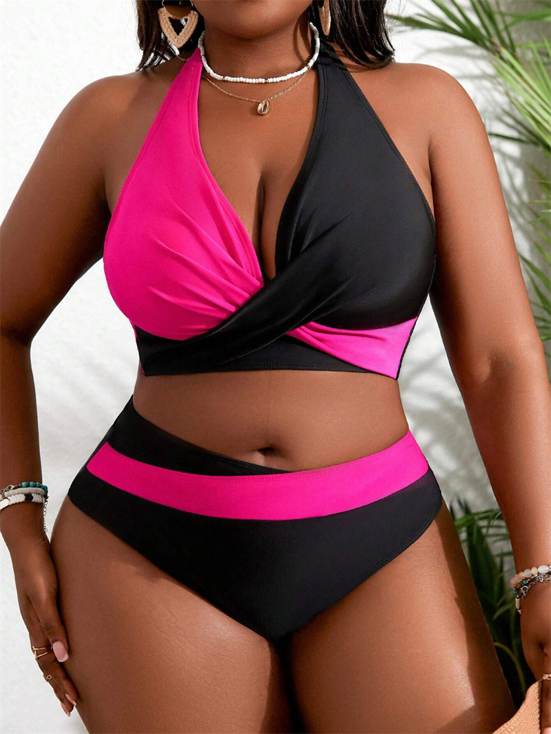 Women's Plus Size Bikinis Swimsuit Color Block Criss Cross Bikini Sets High Waisted Swimwear Big Woman Halter Neck Two Piece Bathing Suit
