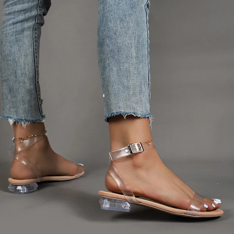Transparent Pvc Jelly Sandals for Women Summer Casual Open Toe Beach Shoes Woman Clear Low Heels Ankle Strap Sandles Female 250106