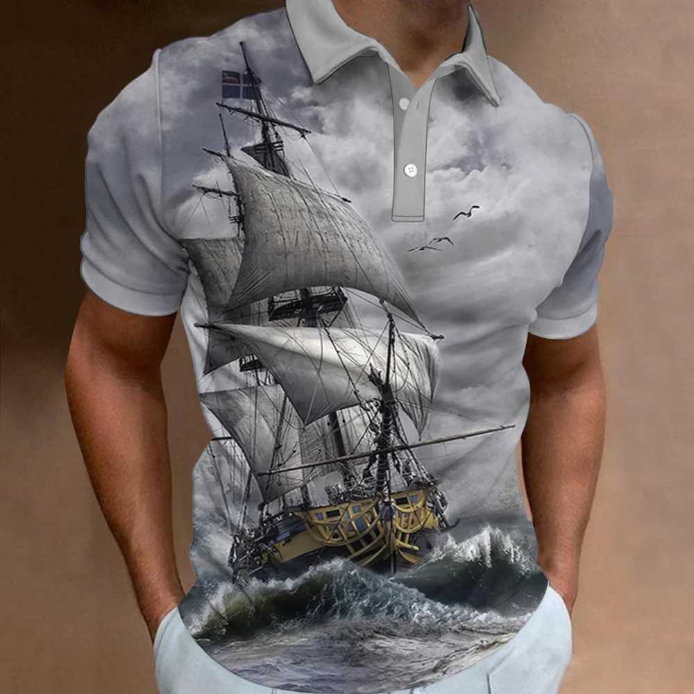 Vintage Polo T Shirt For Men Summer Short-Sleeve Clothing Sailing Print Casual Streetwear Fashion Oversized MenS T-Shirts TopsXJ250108