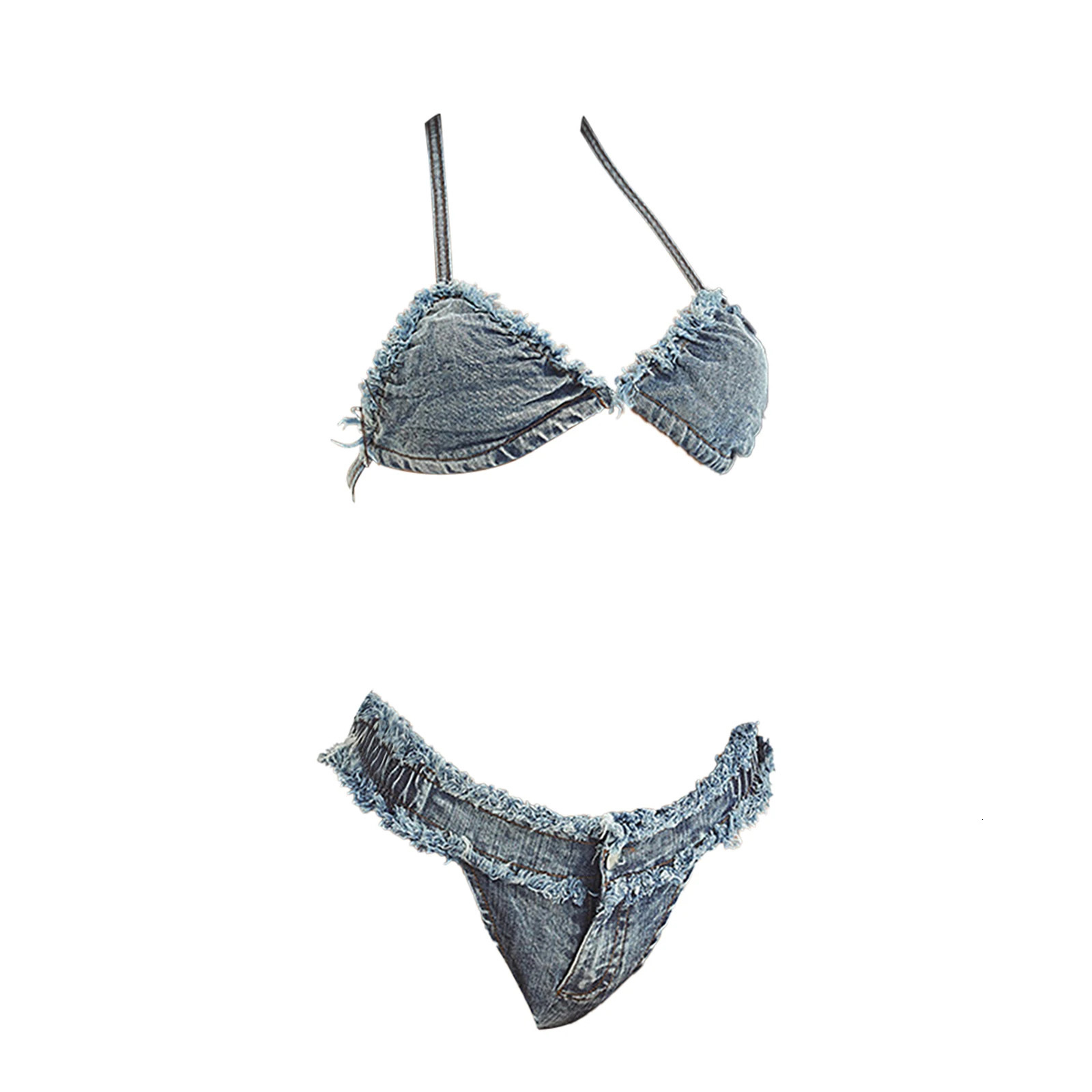 Summer WomenS Sexy Denim Three Point Bikinis Set Low Waist Bikini Bottom Strap Underwear Split Swimsuit 250107