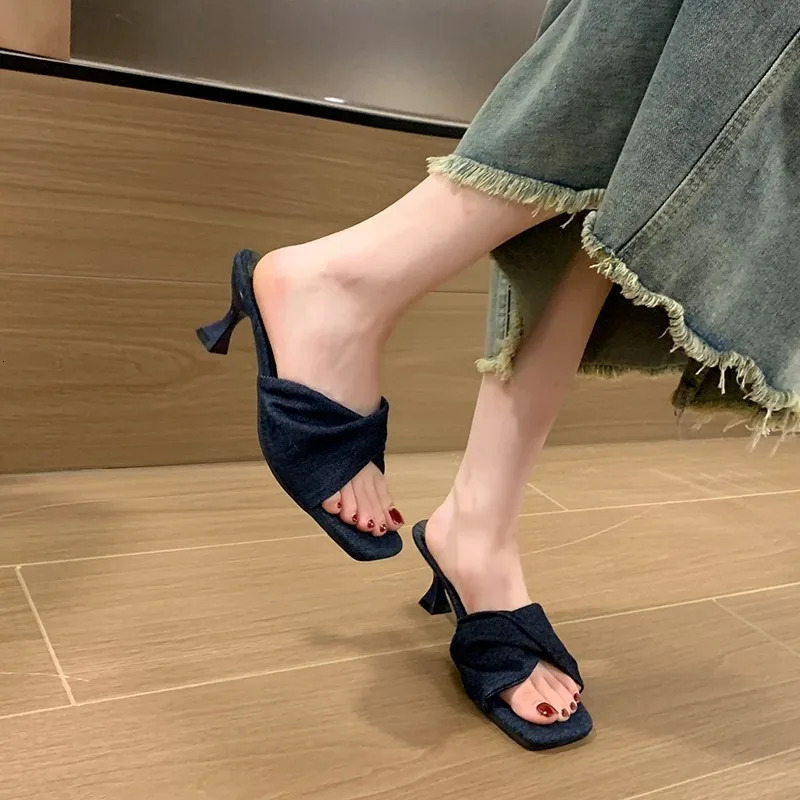 Summer 2024 Womens Slippers Open Toe Denim Thin Heels Outdoor Ladies Slippers Dress Party Shoes Mules Women Shoes D03 250107