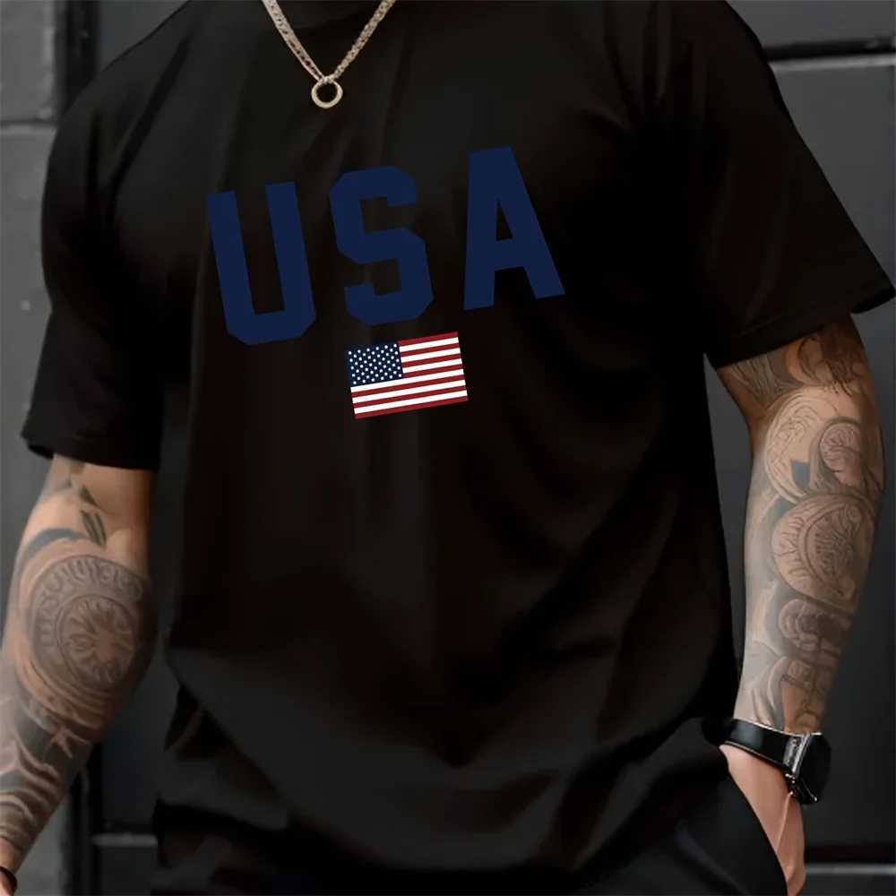 Mens Summer Crew Collar Letter Pattern Short Sleeve T-shirt - Breathable Polyester Fabric Slightly Stretching Regular Fit Casual M250410