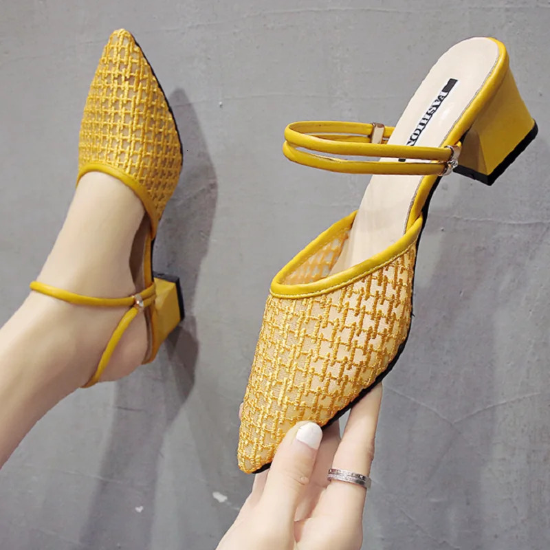 Summer Sexy Pointed Toe Sandals Thin Strap Mulles White Yellow Women Shoes Elegant Women Fashion Square Heels Slippers 250107