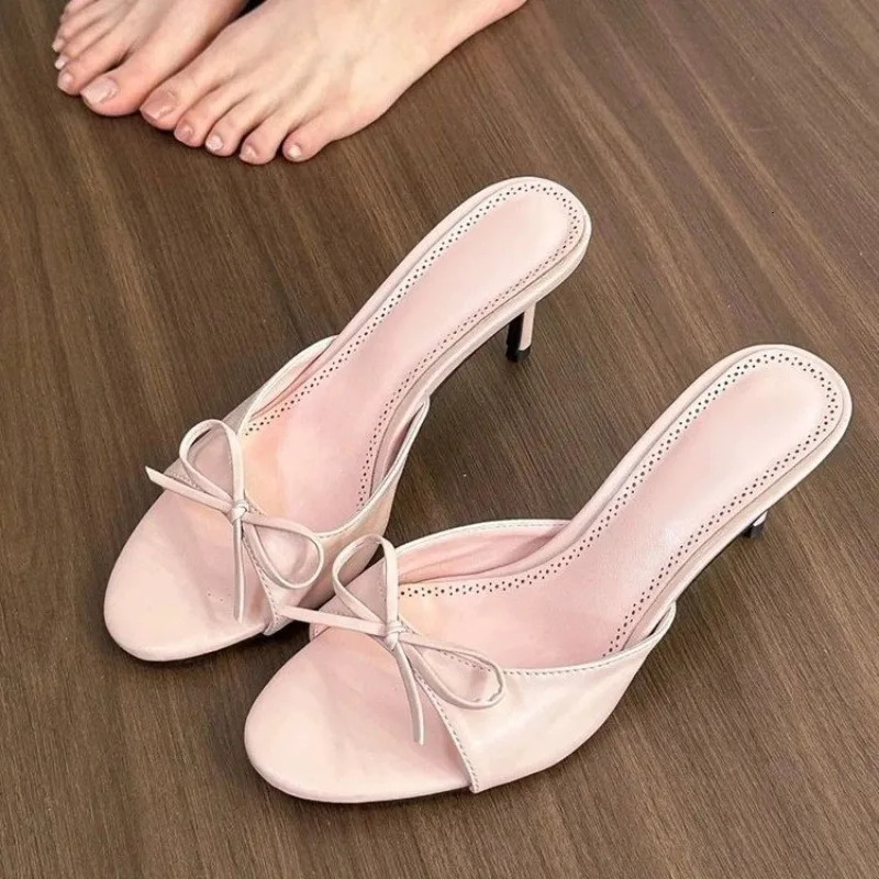 Fashion Bow Ladies High Heels Womens Open Toe Stiletto Slippers Womens Shoes 2024 Summer Classic Solid Color Sandals 250107
