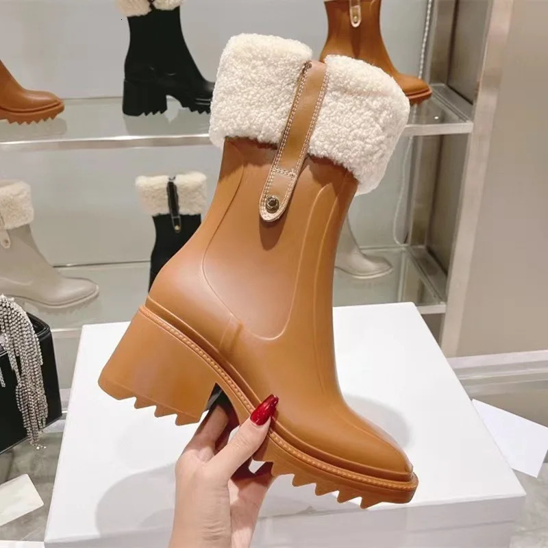 Ankle Boots Women PVC Rain Boots Chunky Heel Height Increasing Short Boots Thick Sole Motorcycle Boots For Size 36-43 250106