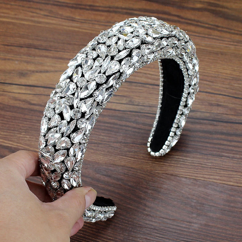 Large Silver Color Crystal Gem Headbands Padded Shiny Rhinestone Bridal Hairbands For Women Wedding Hair Accessories 250107