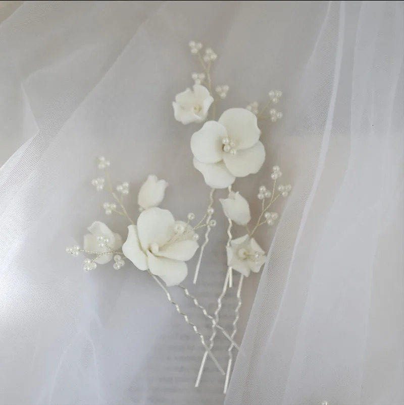 SLBRIDAL Handmade Ins Style Ceramic Flower Pearls Bridal Hair Pin Set Wedding Hair Sticker Hair Accessories Women Hair Jewelry 250107