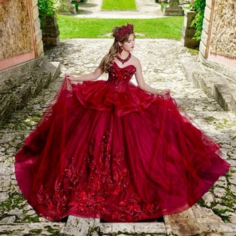 Red Quinceanera Dresses Ball Gown Off The Shoulder Applique Flower Beading Tull Corset Party Birthday Sweet 16 Dress Vestido De 15 Anos
