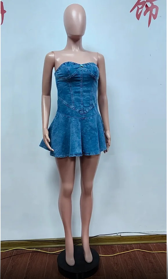 Lovely Lady Denim Club Dress Sexy Women Strapless Elegant Blue Jeans Skater Party Dress 250107