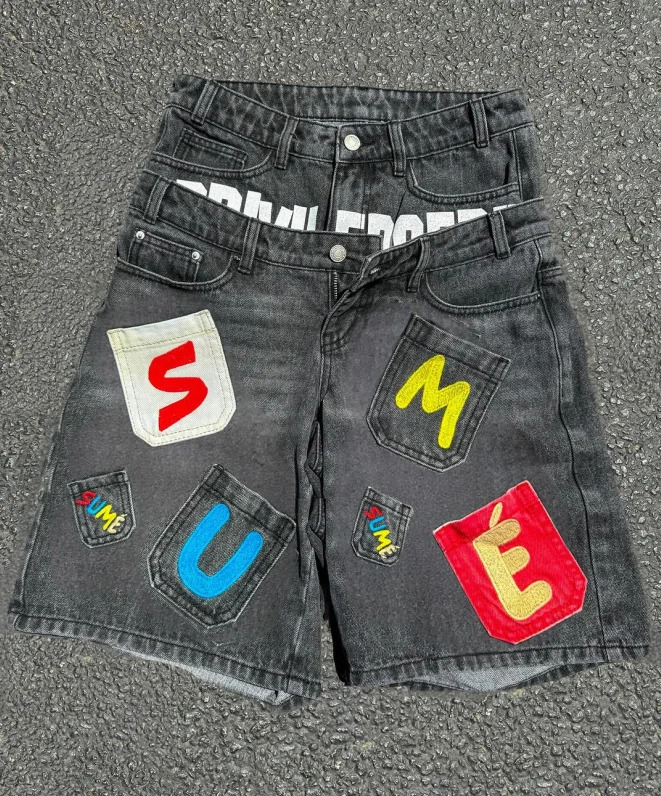 ed printed colorful patch washed denim shorts summer loose casual straight pants versatile two-piece five-point pants 250107