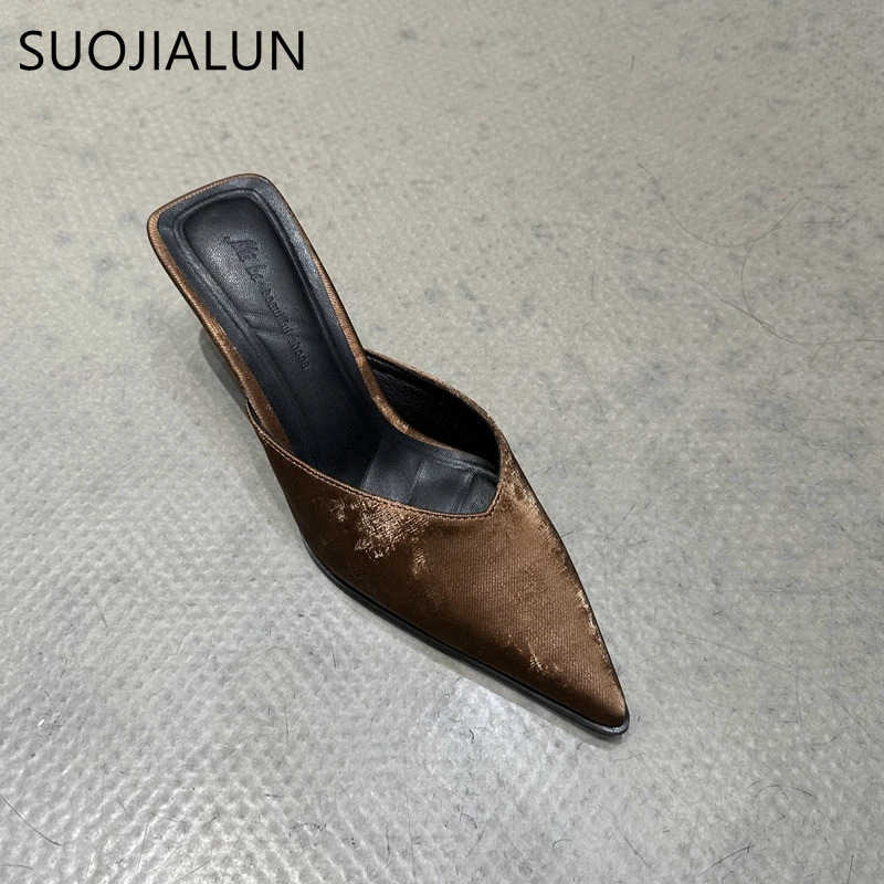 SUOJIALUN 2024 Spring Women Slipper Fashion Pointed To Shallow Slip On Mules Shoes Thin High Heel Ladies Elegant Sandals 250107