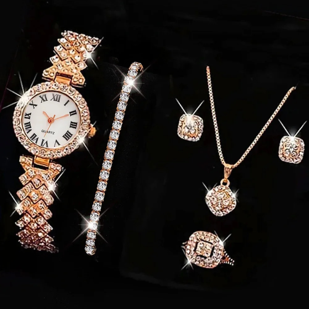 5PCS Set Watch Women Ring Necklace Earrings Fashion Wristwatch Female Casual Ladies Watches Bracelet Clock Reloj 241228