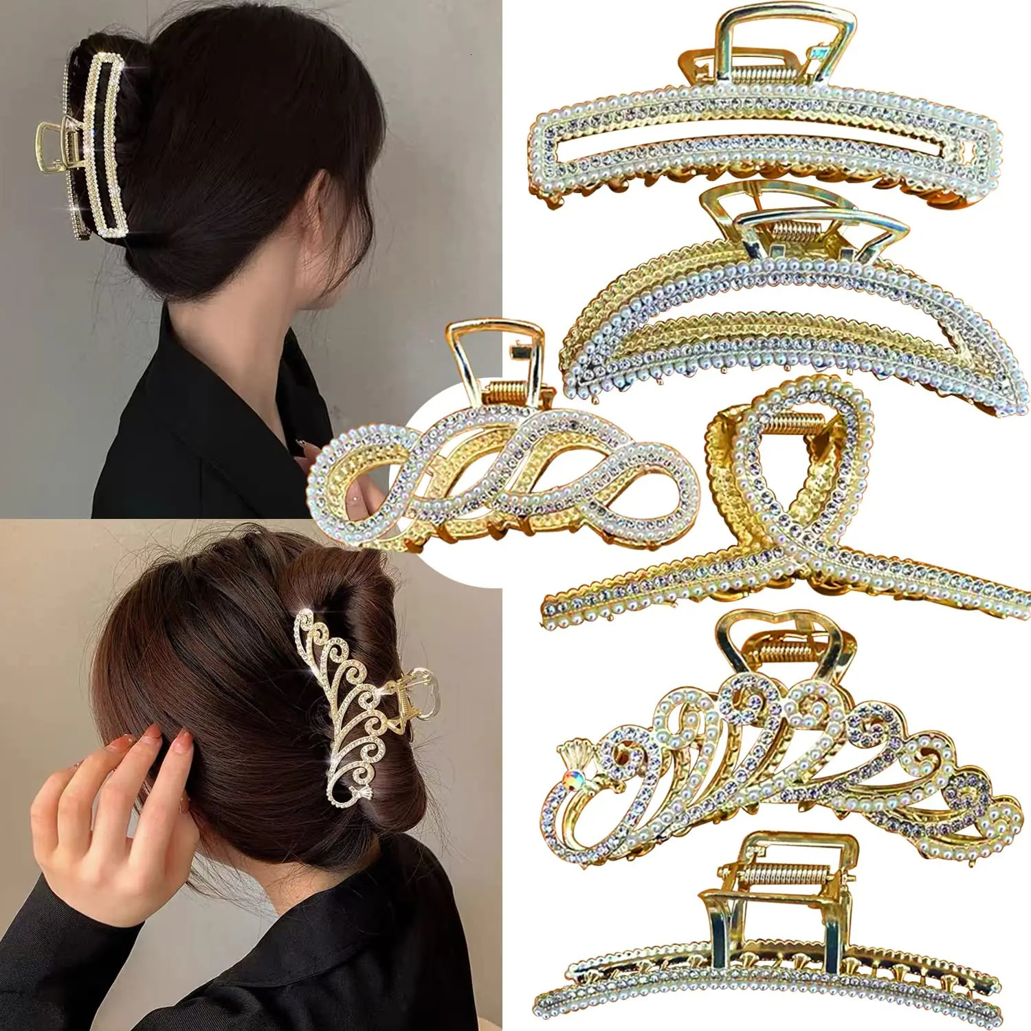 6 Pcs Large Metal Hair Claw ClipsClaw Clips with Pearl and rhinestone4.3 Hair Clips for Women Girls6 Styles Strong Hold Me 250103