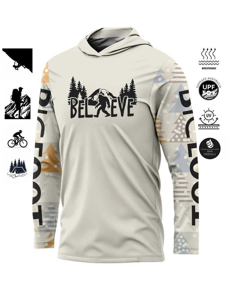 Bigfoot mens hooded fishing shirt long sleeved sports shirt bicycle hiking sports shirt UV ultra-thin long sleeved climbing fishing W250108