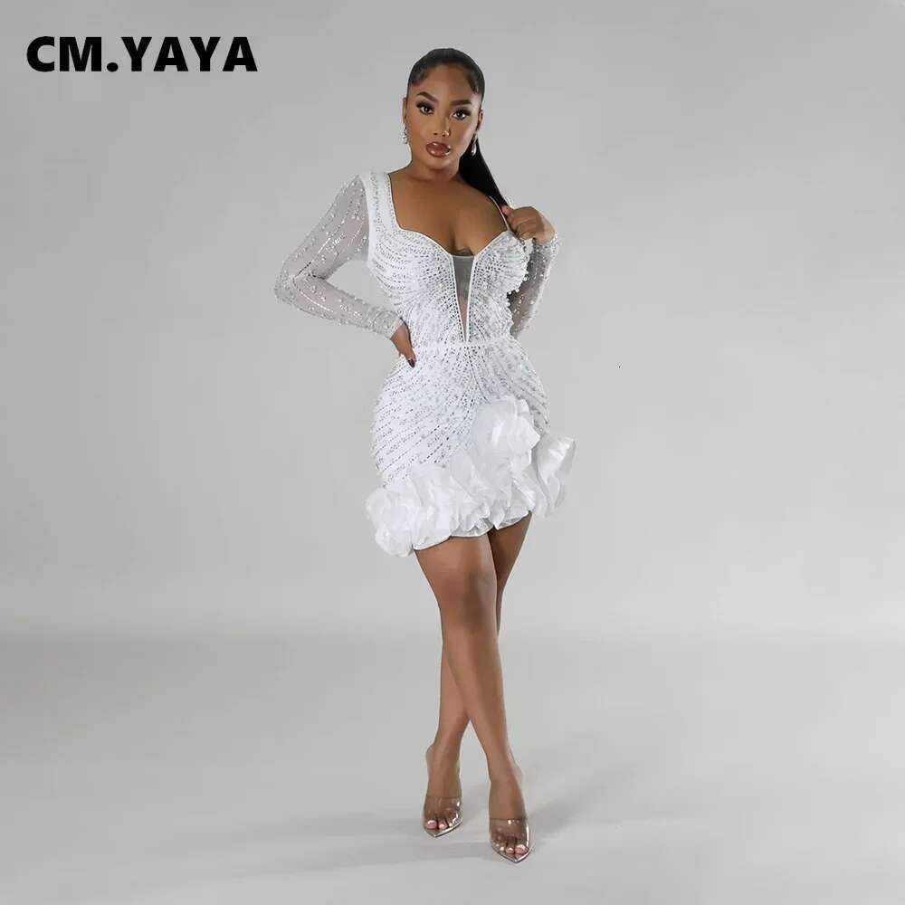 GLCMYAYA Spring Women Long Sleeve Ruffles Hot Drilg Bead Short Dress Sexy Night Club Evening Birthday Mini Dresses Vestidos