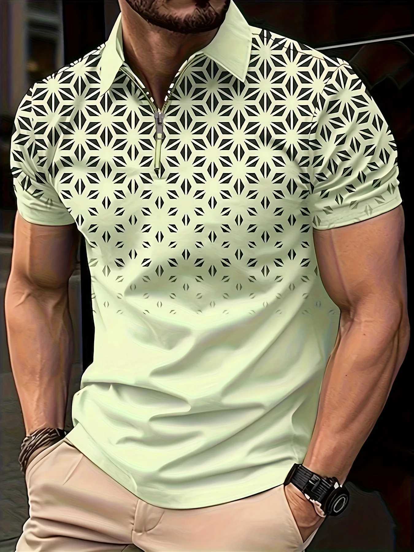 Mens Casual Vintage 3D Printed Lapel 1/4 Zipper Short Sleeve Shirt for Men Golf Fitness Training Summer Breathable Polo ShirtXJ250108