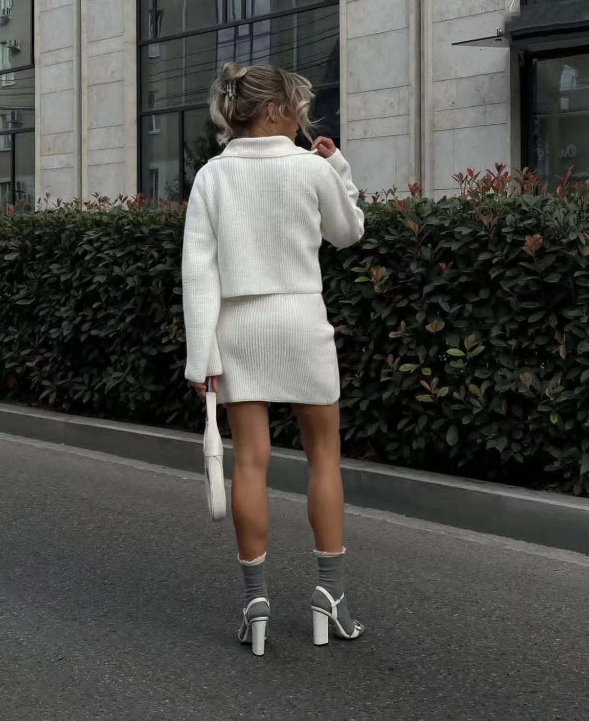 2025 Winter Women Angola Red Dress Suit Solid Color Cardigan Top Mini Short Skirt 2 Piece Set Female Office Outfit 241225