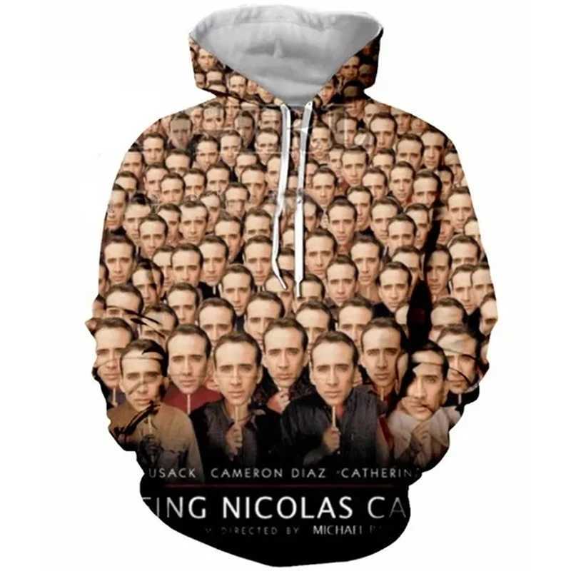 Nicolas Cage Face Hoodie Funny 3D Nicolas Kim Coppola Graphic Hooded Pulleys for Men New in Hoodies Sweatshirts W250108