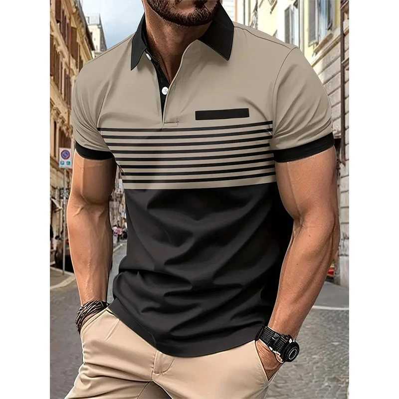 Summer New Casual Fashion Versatile Polo Shirt Mens Lapel Button Color Block Print Patchwork Striped Ventilate Long Sleeved TopXJ250108