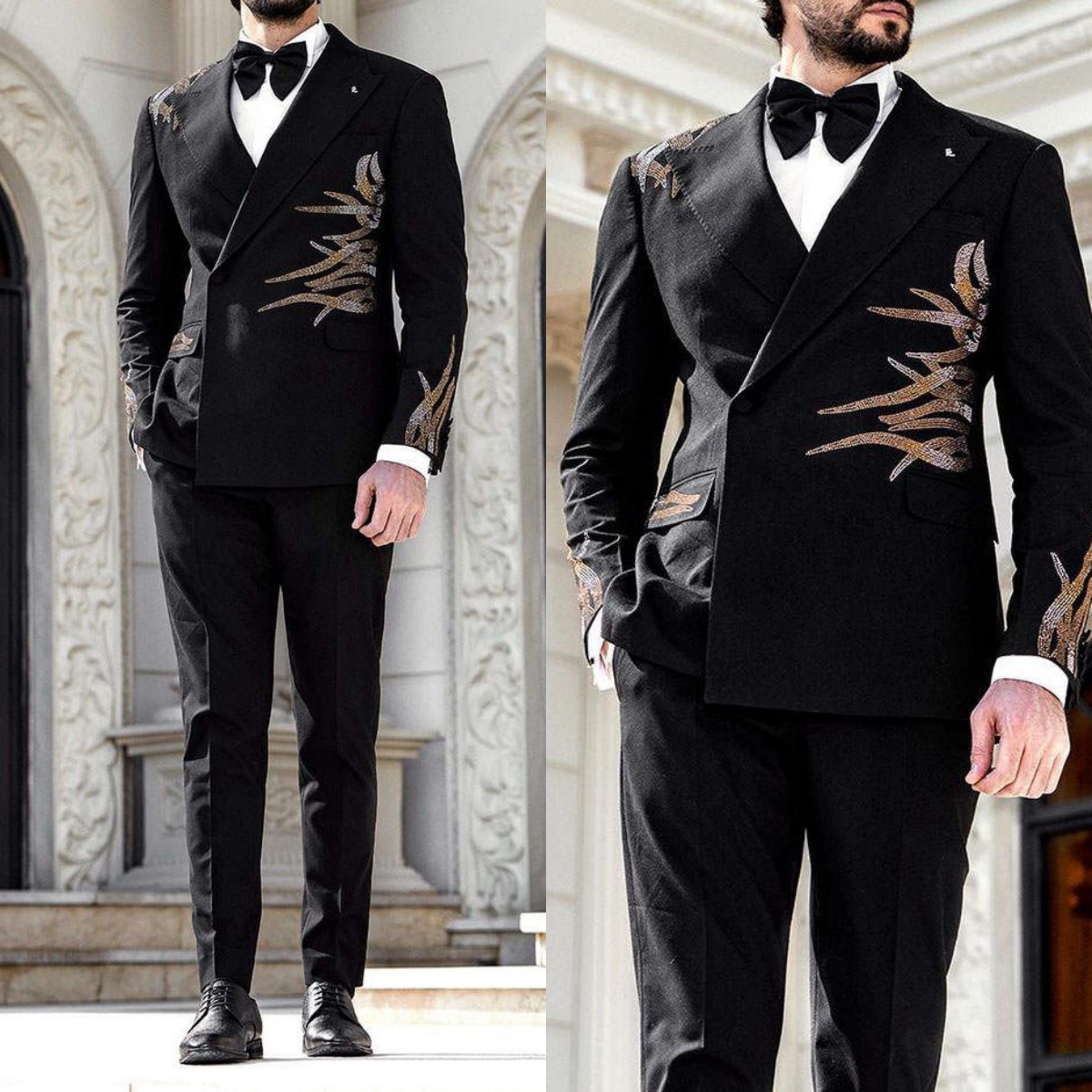 Simple Men Suits 2 Piece Set Jacket Pants Beaded Wedding Tuxedos Peaked Lapel One Button Party Event Groom suit Customized High Quality