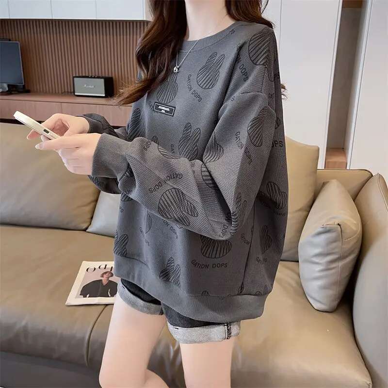 New Full Page Printed Cute Western Style Top Korean Version Loose Long Sleeved Women's Designer Sportswear