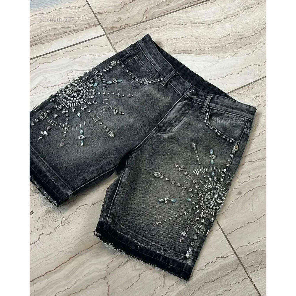 American retro style diamond inlaid black denim shorts slim suitable for wide feet Y2K denim shorts sport shorts street 241007