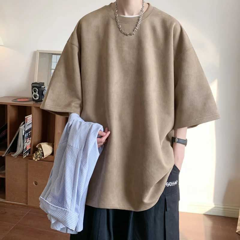 Summer short sleeved mens fashionable solid color round neck mens T-shirt loose suede T-shirt mens top M-3XL M250108