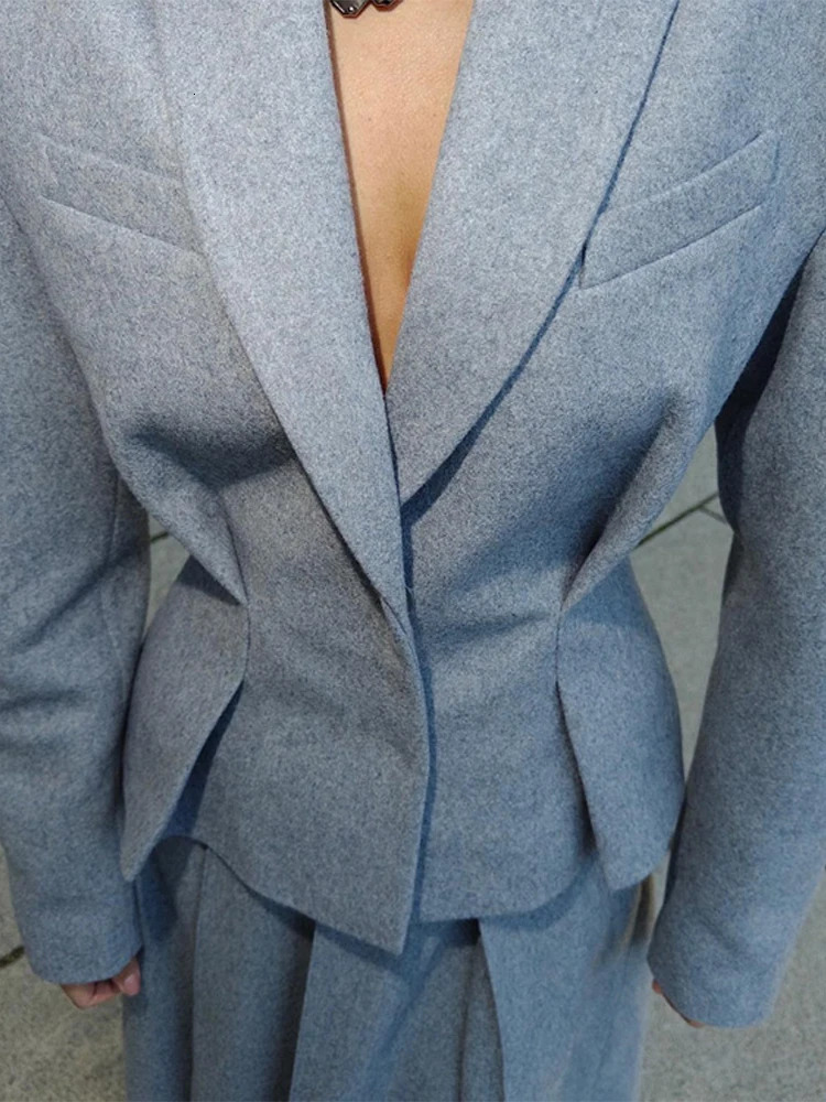 Street Woolen Coat Skirts Set Women Elegant Grey Lapel Hidden Buckle Blazers Pleated Skirt 2024 Autumn Winter Ladies Outfits 241225