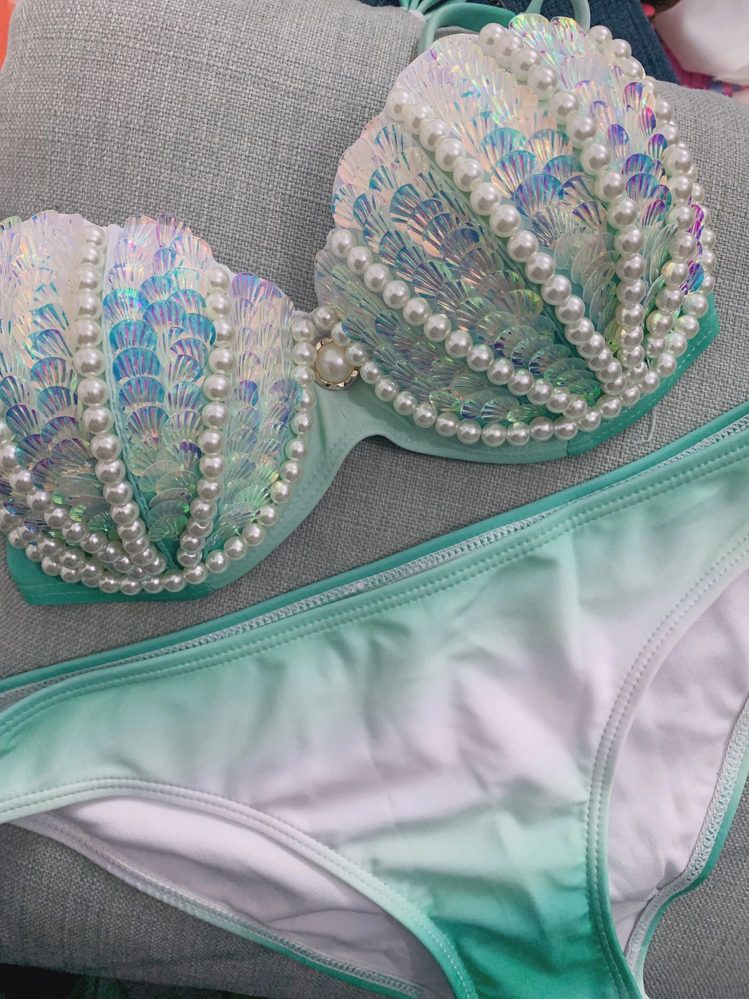 Hand Sewn Shell Mermaid Bikini Swimsuit Fairy Slim Conservative Swimwear Spa 250106
