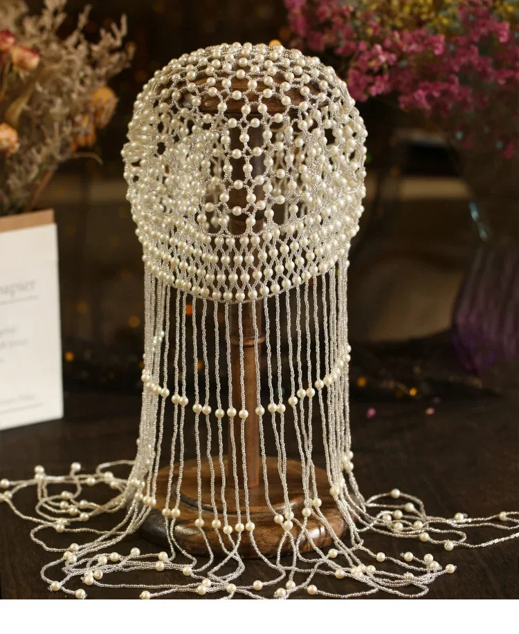 Vintage Aesthetic Women Exotic Pearl Tassel Belly Dance Head Cap Hat HeadwrapHair AccessoryHeadpiece for Party Wedding Showing 250107