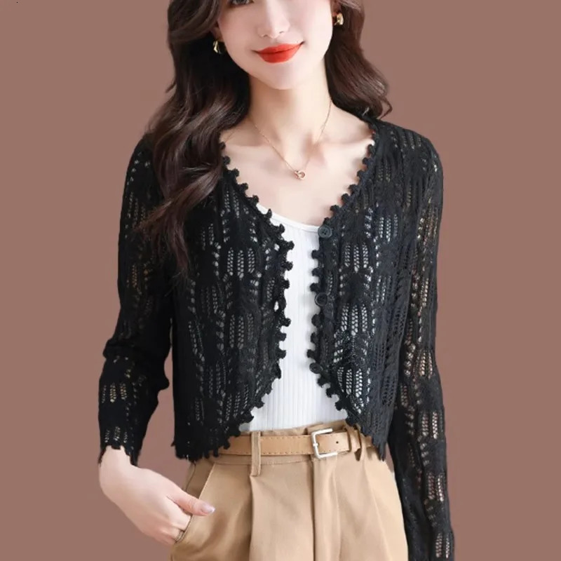 3515 Vintage Knitted Jacket Women Thin Summer Short Hollow Out Sunscreen Coat Sexy Slim Knit Outerwear Buttons Solid Color 250103